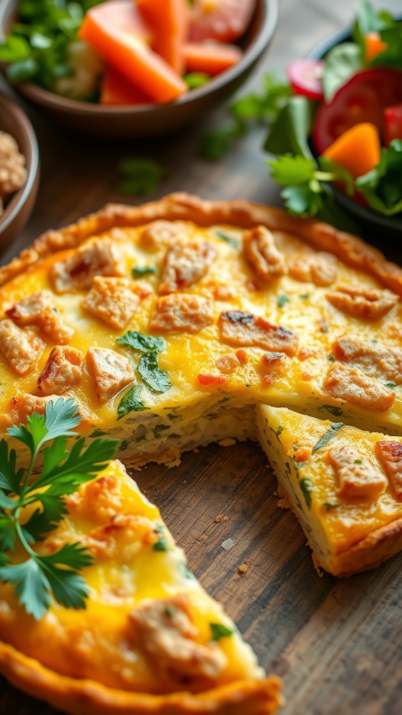 Slices of savory herbed tuna frittata on a wooden table with a side salad and fresh herbs.